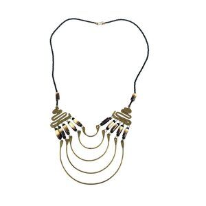 Vintage-Inspired Black Gold Statement Necklace Layered Brass Curve  Beaded Chain